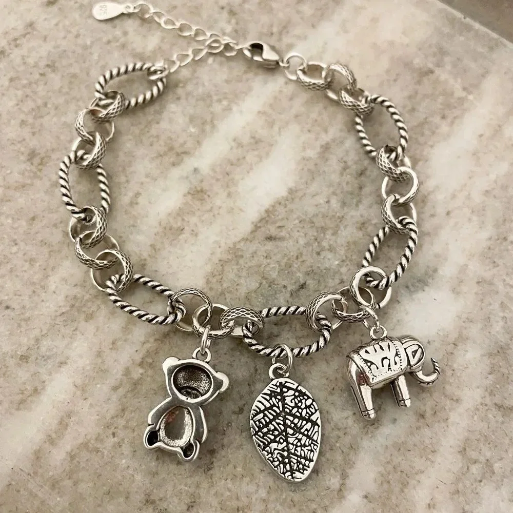 925 Sterling Silver Elephant Bear Leaf Charm Bracelet Chain Link Bracelet